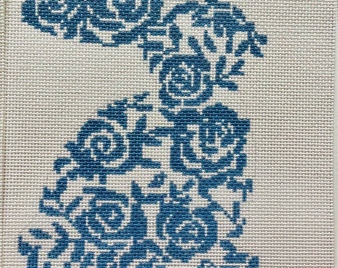 Hand Painted Blue Floral Easter Bunny Needlepoint Canvas